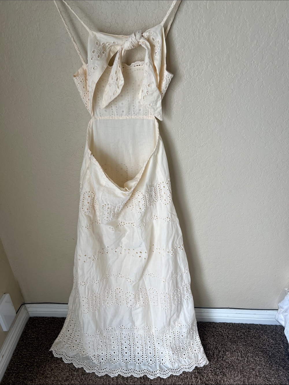 Mango cream eyelet cotton embroidered tie back midi dress - Picture 6 of 12